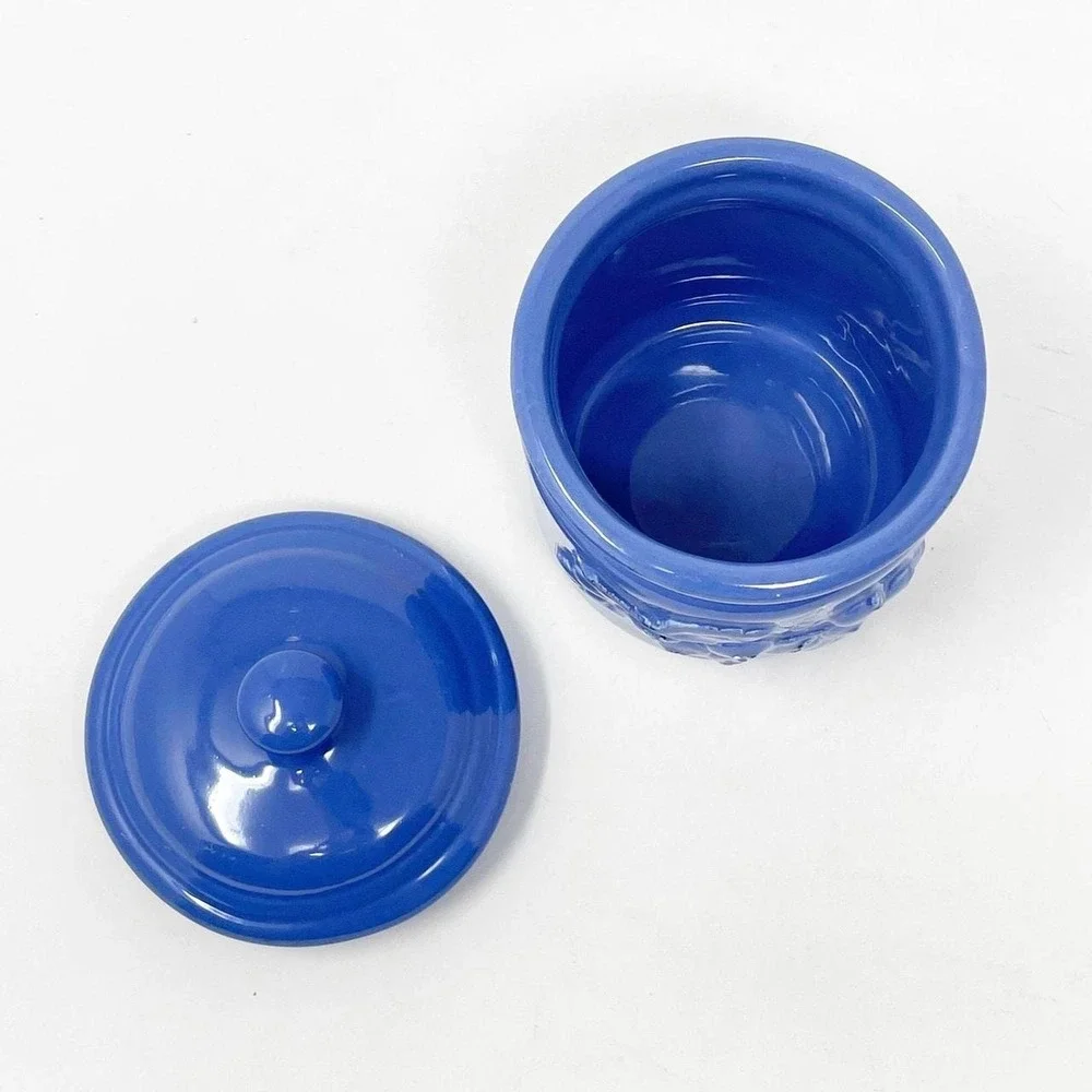 Sur La Table Cornflower Cobalt Blue Ceramic Canister Jar w Lid Berries Leaves